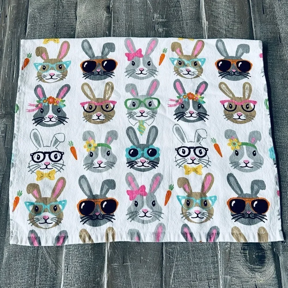 NWOT Easter Bunny Rabbit Glasses Faces Spring Dish Towel